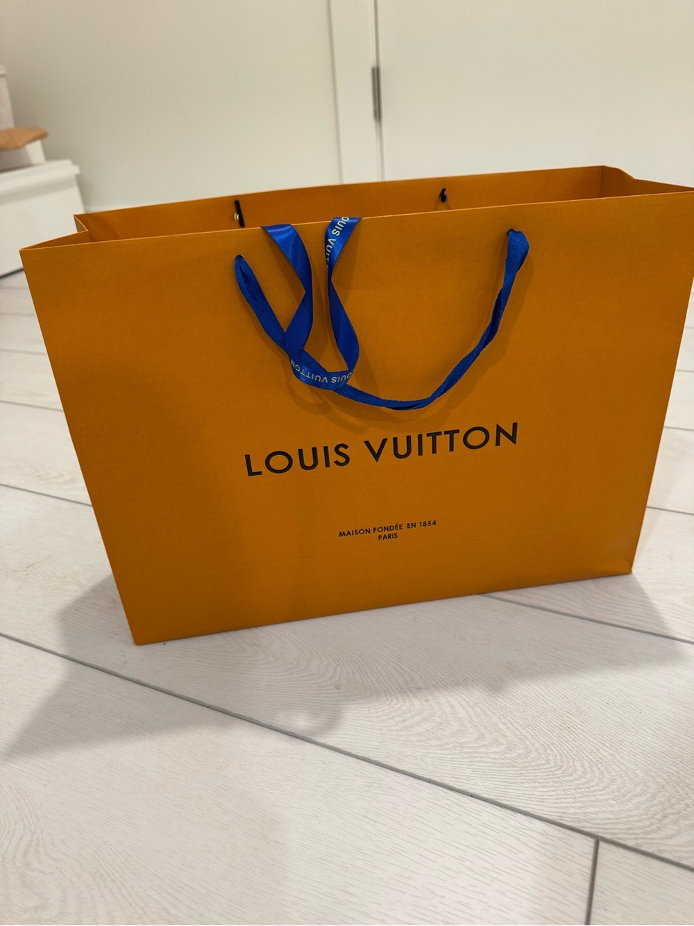 Louis Vuitton Orange Gift Bag with Blue Ribbon Handles